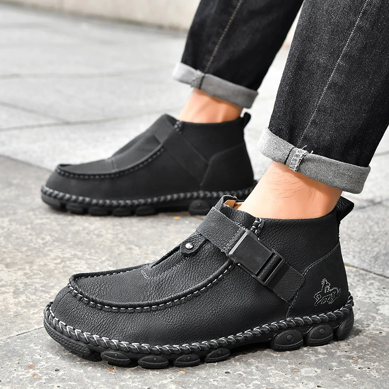 New Men's Casual Shoes Handmade Leather Soft-sole Non-slip Sneakers Outdoor Work Fashion Youth Microfiber Ankle Boots