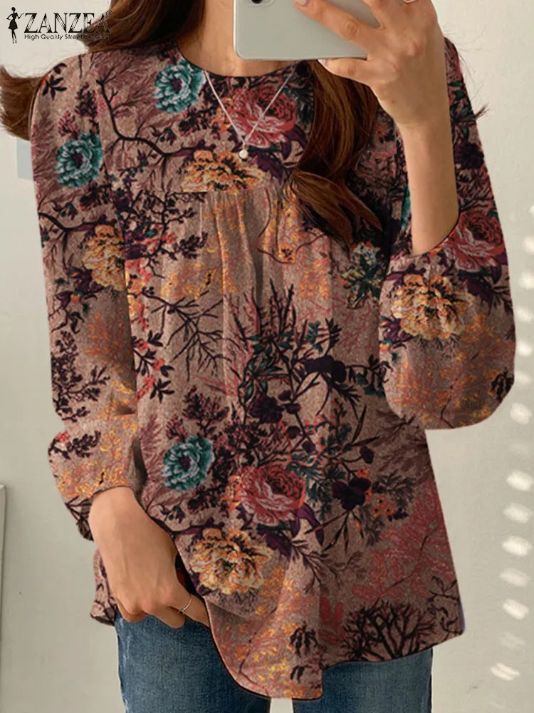 Vintage Floral Printed Shirt ZANZEA 2024 Spring Fashion Women Casual Tops O Neck Long Sleeve Blouse Female Holiday Party Blusas