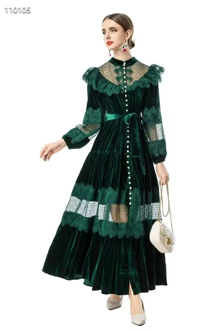 Spring New Small Stand Collar+Hollow Velvet Splicing Lotus Leaf Lace Wrist Sleeve +Lace Up Women's Big Swing Dress S-XXXL