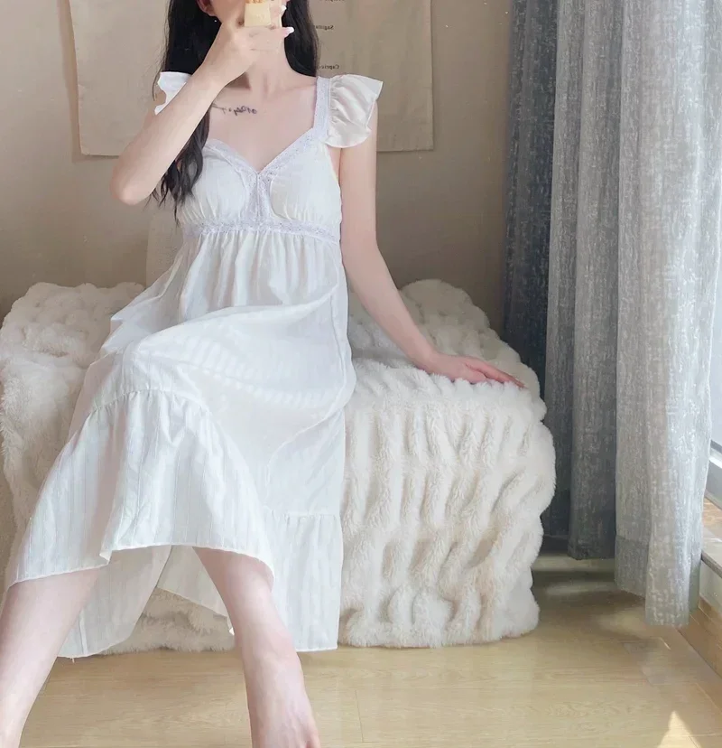 2022 Summer Sexy Lace Lingerie V-neck Cotton Nightgowns for Women Korean Long Dress Nightdress Sleepwear Night Dress Home Nighty