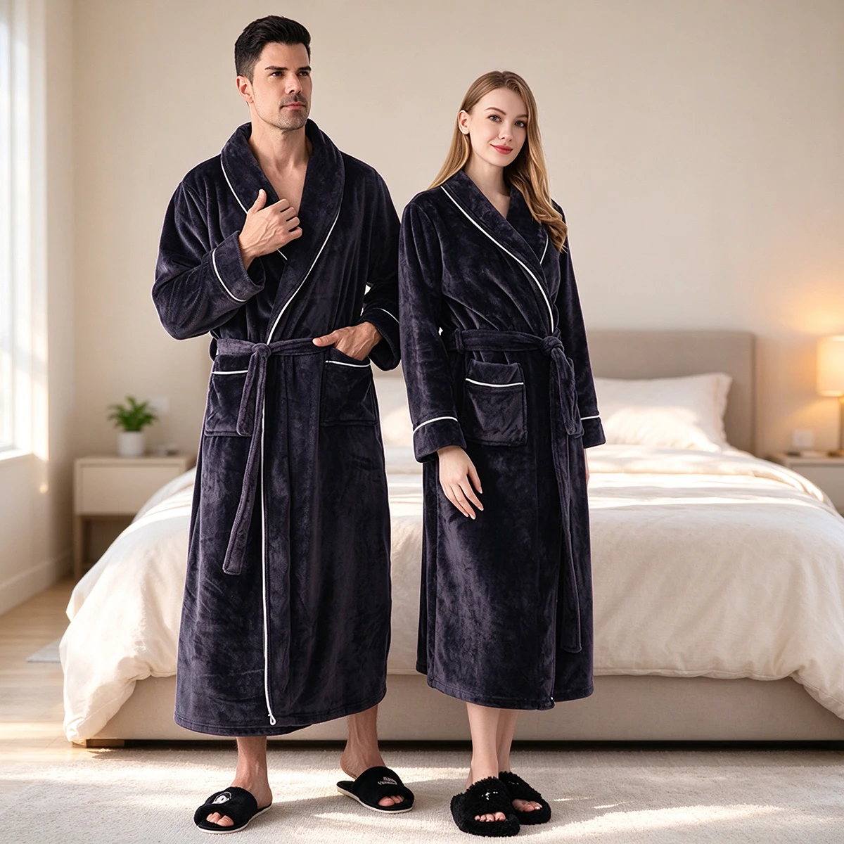 Paar-Bademantel für Damen und Herren, Flanell-Fleece-Morgenmantel, dicker, warmer Plüschmantel mit Schalkragen und Gürtel, Winter-Schlafanzug, Loungewear – Detail 4