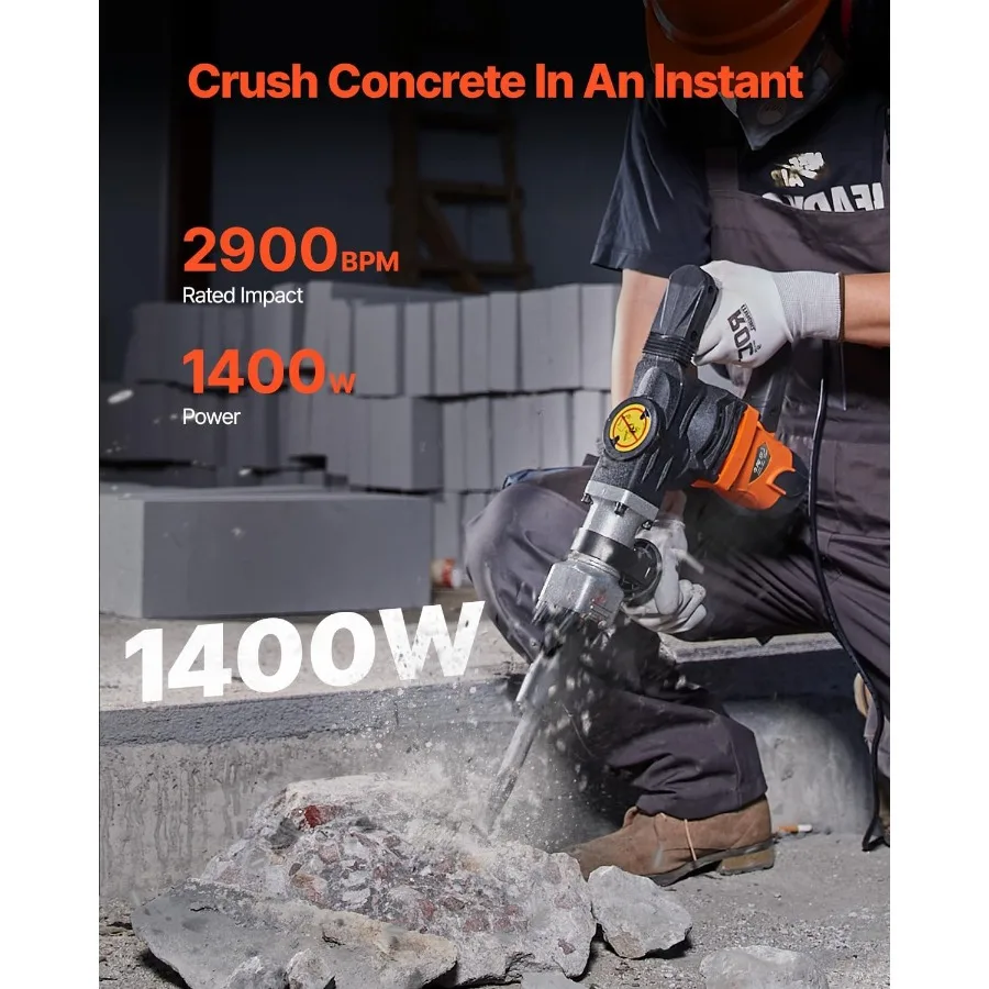 Abbruchhammer MAX 1400 W, elektrischer Presslufthammer, robust, mit 2900 BPM Betonbrecher, inklusive 2 Meißel-Bits und S