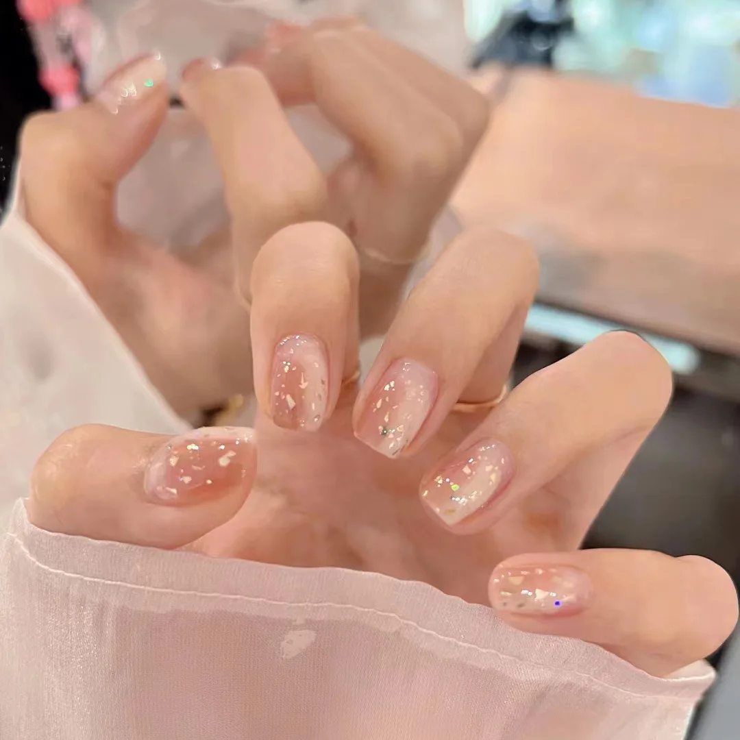 Short Women Nail Enhancement Gentle Nude Pink Double Combination Gradient Shining Pink Simple Wear Nail Enhancement Patch