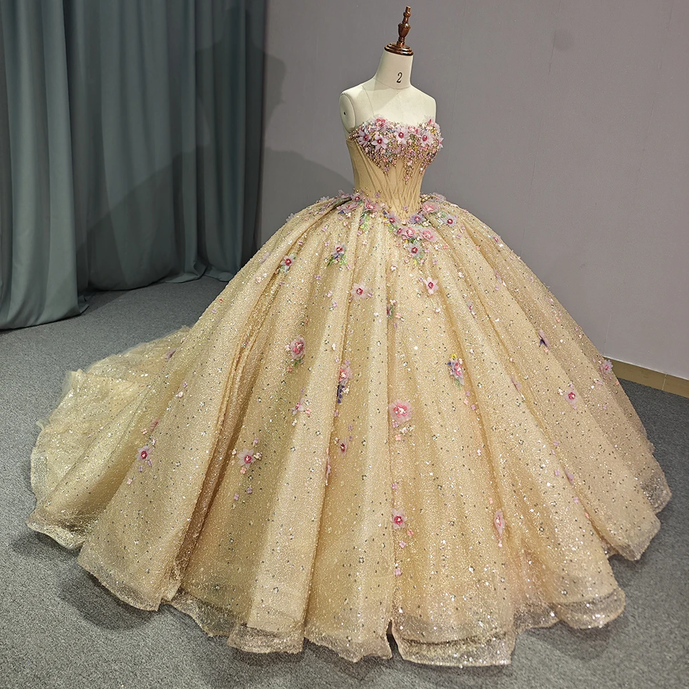 Robe de RhQuinceanera jaune sans bretelles pour filles, robe de reconstitution historique d'anniversaire, appliques brillantes, robes sexy douces, 15 ans