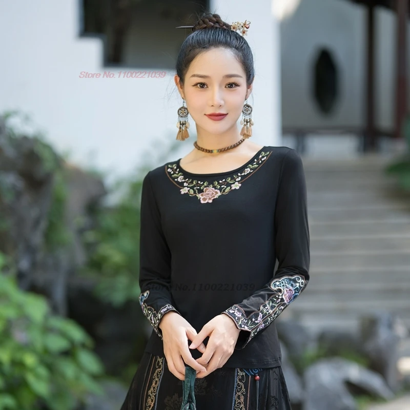 2026 chinese vintage shirt national flower embroidery o-neck ethnic shirt retro streetwear folk base shirt improved hanfu tops