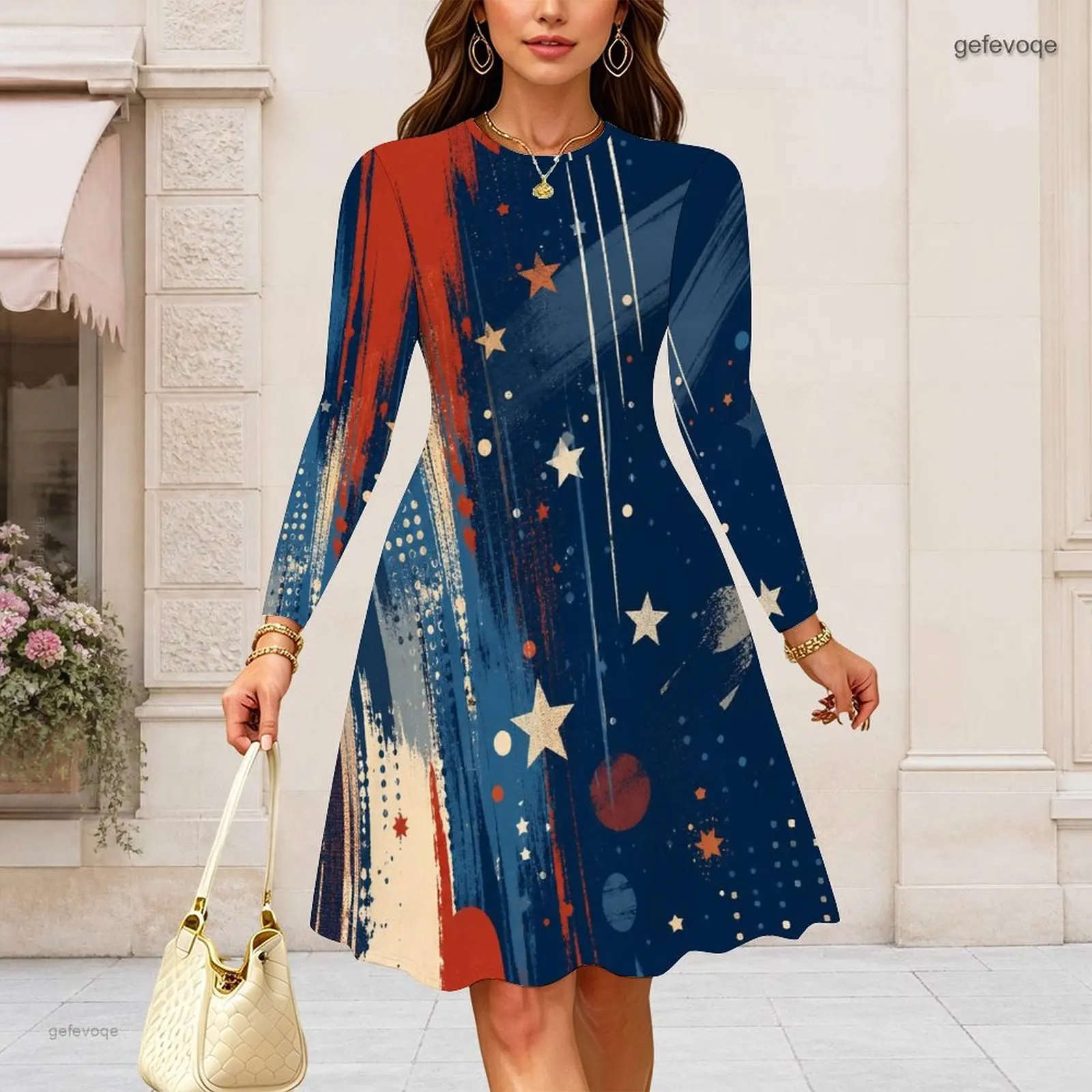 Women Round Neck Long Sleeve Midi Dress Slim Fit Waist A Line Swing Dresses Custom Print Lady Daily Party Dress