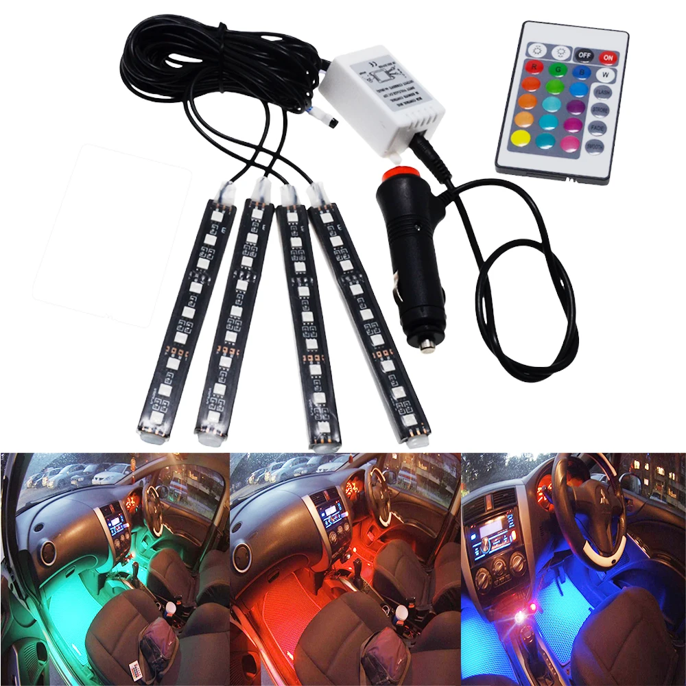 

4X Car RGB Led Brake Strip Light 5050 9SMD Auto Remote Control Flexible Atmosphere Lamp Additional Interior Decoration Edgelight