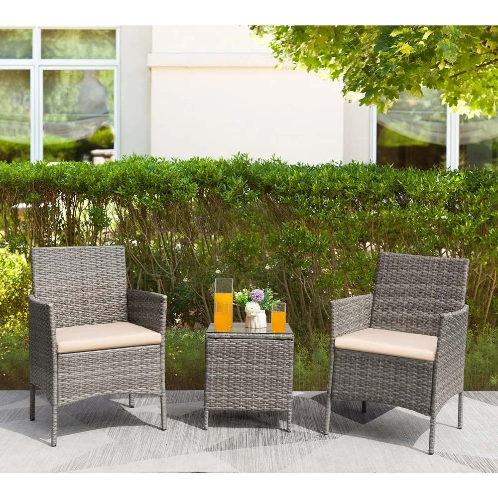 3 Pieces Patio Furniture Sets Outdoor PE Rattan Wicker Chairs with Soft Cushion and Glass Coffee Table for Garden