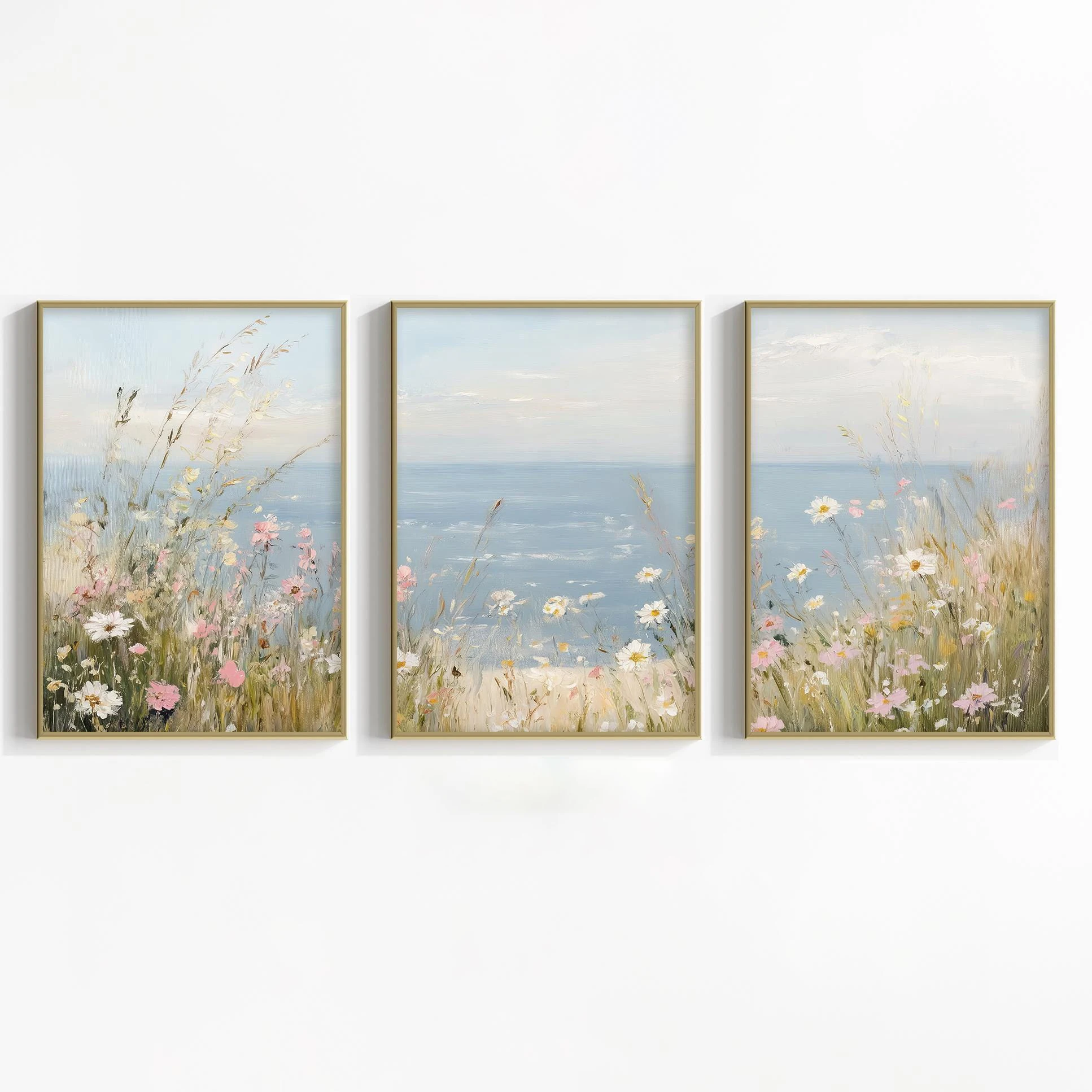 Coastal Wildflowers Set of 3 Prints Neutral Ocean Landscape Painting Vintage Floral Seascape Wall Art Flowers Print Gift Poster
