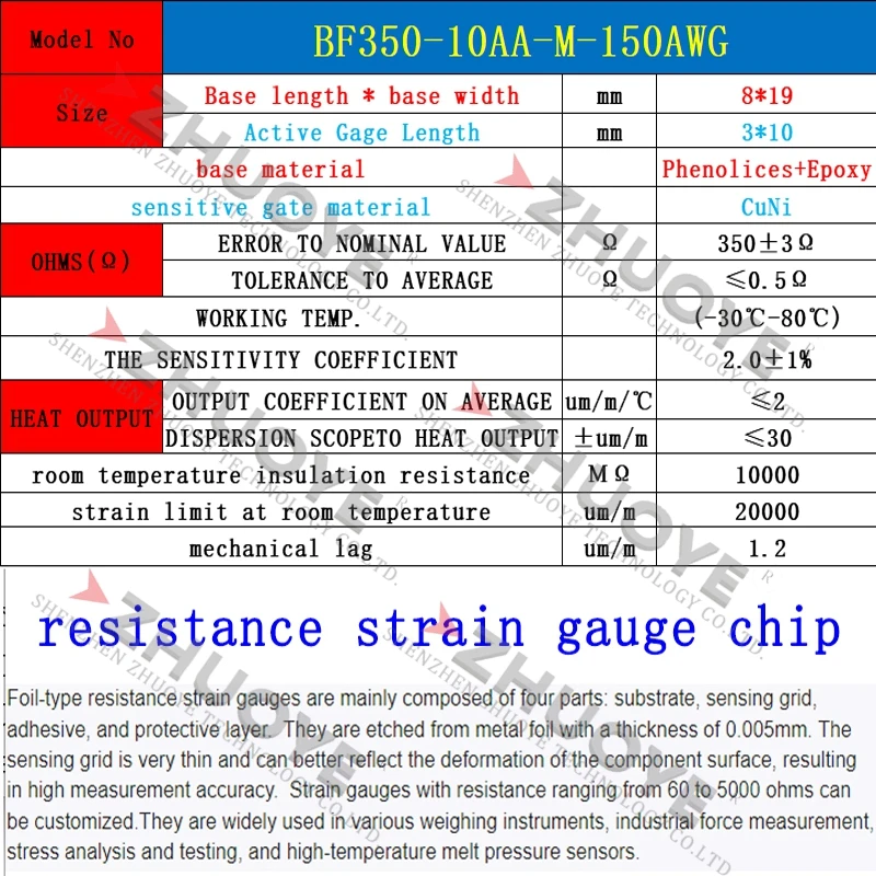 Strain GaugeBF/BHF350-10AA-M-150AWG Resistensi Presisi Tinggi Resistensi 350Ω Tekanan Berat/Sensor Berat