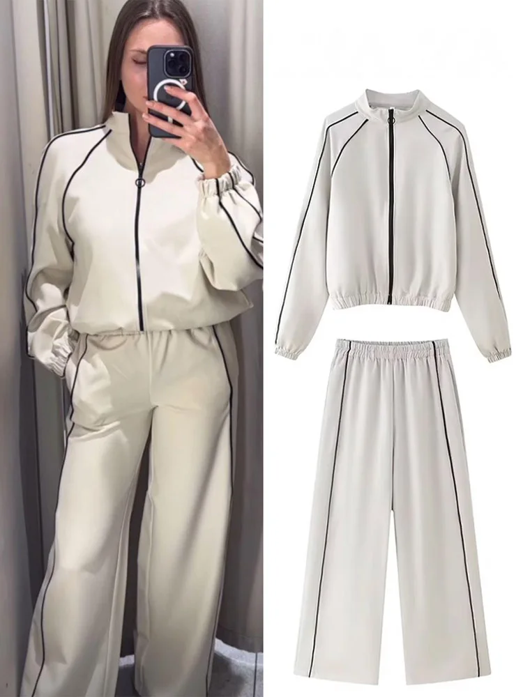 

HH Women 2 Piece Set Elegant Stripe Design Loose Zipper Coat Top+Chic Elastic Waist Side Pocket Loose Casual Wide Leg Pants