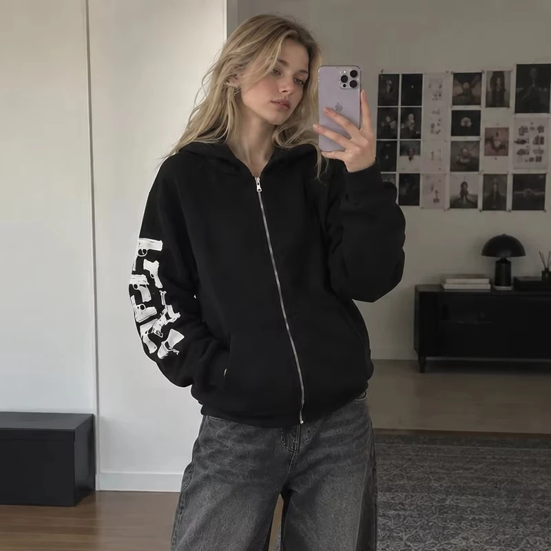 Women Black Zip Up Hoodie Graphic Sleeve Print Long Sleeve Oversized Y2K Streetwear Casual Hooded Sweatshirt Jacket with Pockets