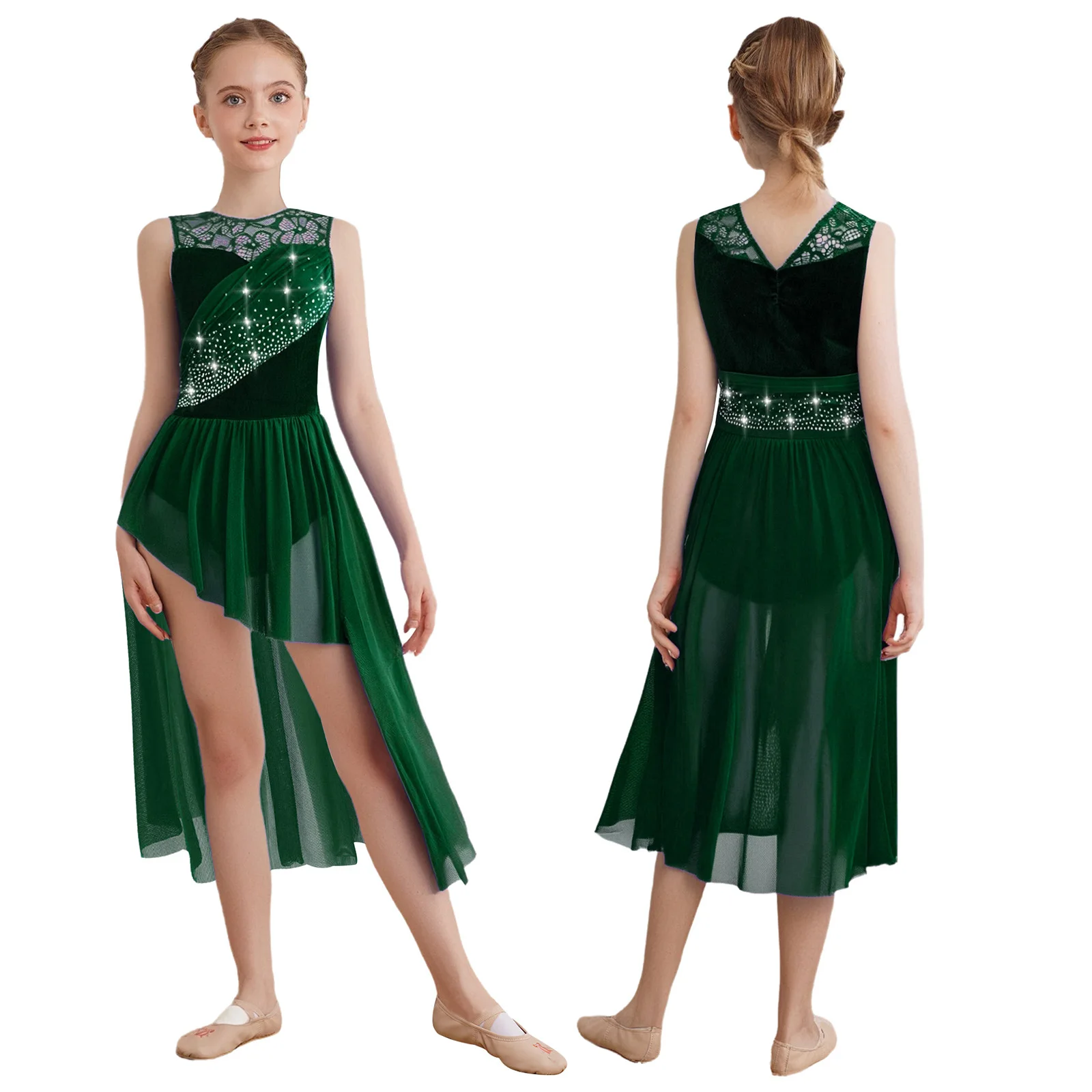 Kids Girls Lyrical Modern Dance Dress Rhinestones Sleeveless Flowy Split Maxi Leotard Dresses Gymnastics Ballerina Dance Costume