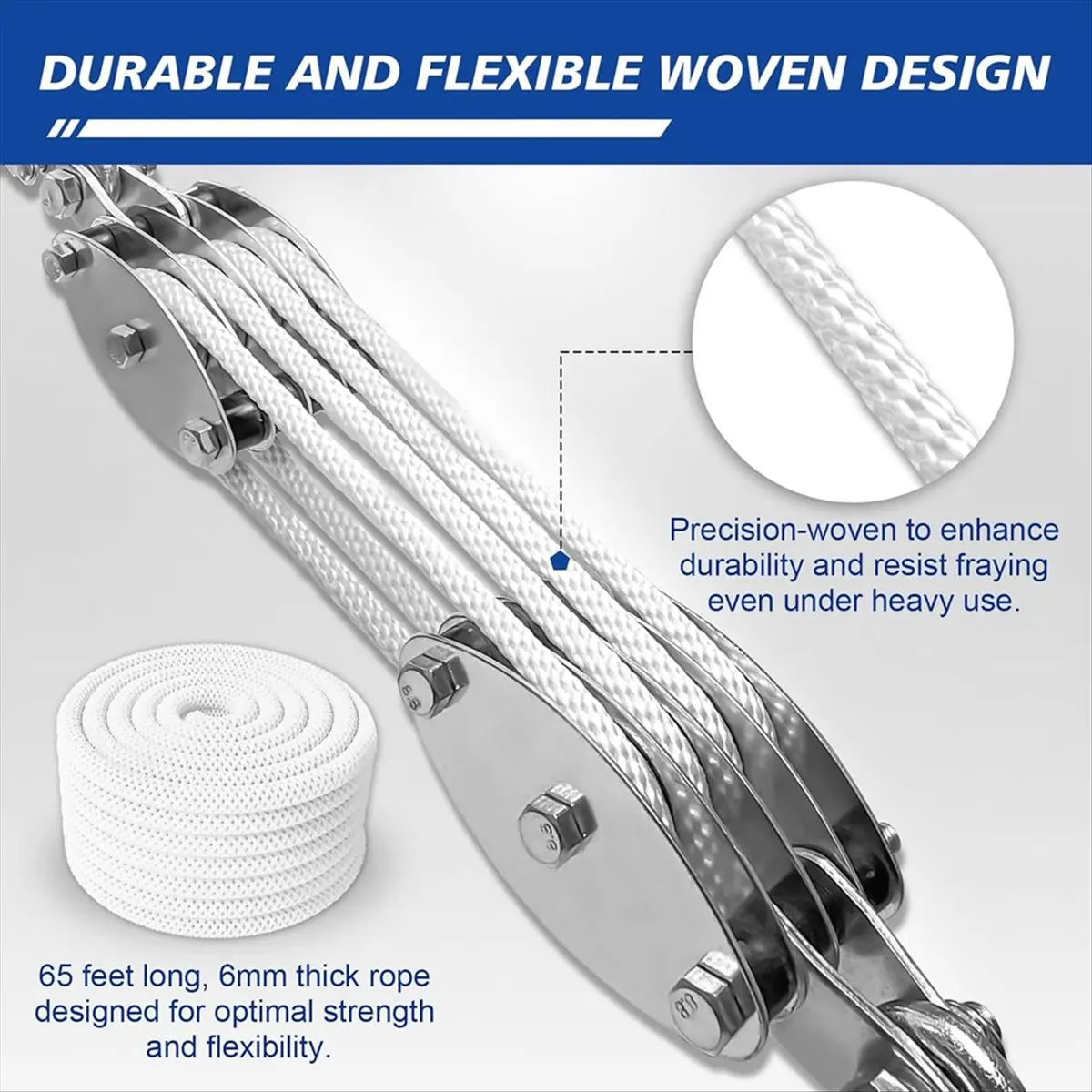 【2243-popular】block-and-tackle-pulley-system-4-wheel-rope-pulley-hoist2200lb-work-load-with-65ft-of-1-4-inch-ropecompact-rope