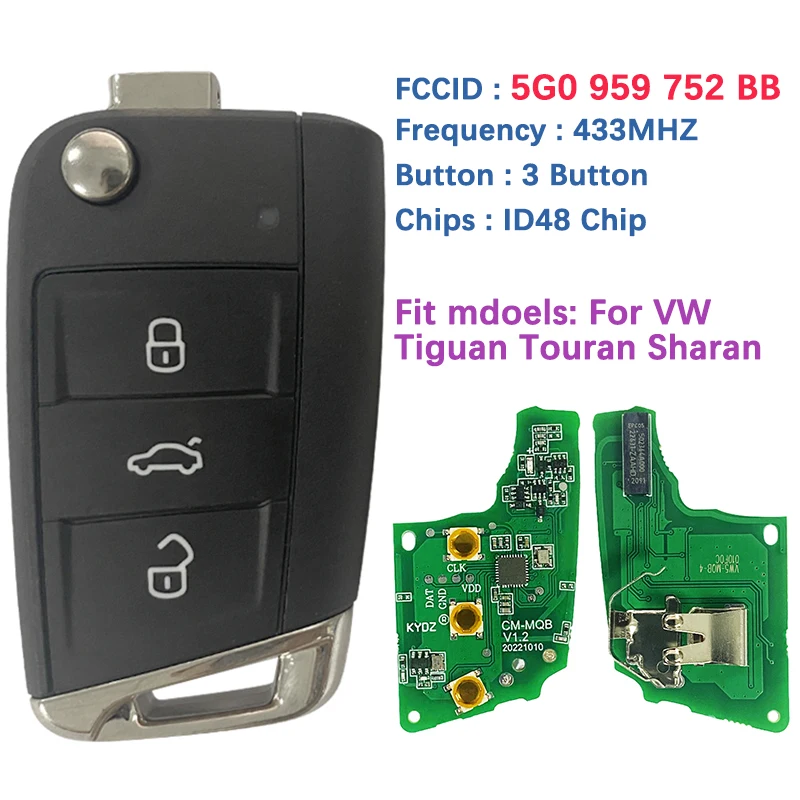 Mando a distancia CN001068 para coche, llave con tapa de 3 botones, FCCID 5G0 959 752 BB ID48 Chip 5G0 959 753 BA para VW Tiguan Touran Sharan