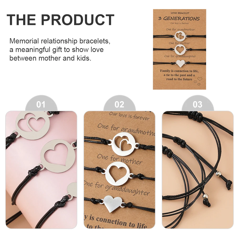 

Heart Bracelet Suit Stainless Steel Wax Rope Paper Card Matching Bracelets Mother Daughter Adjustable Hand Chain Romantic Gift