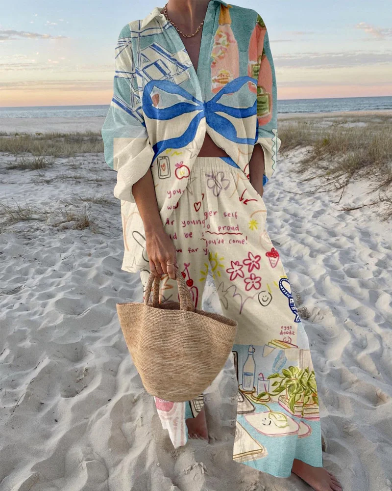 

Fashion Loose Print Beach Holiday 2-piece Set Women's Button Cardigan Blouses Wide-leg Pants Casual Two-piece Outfit Woman