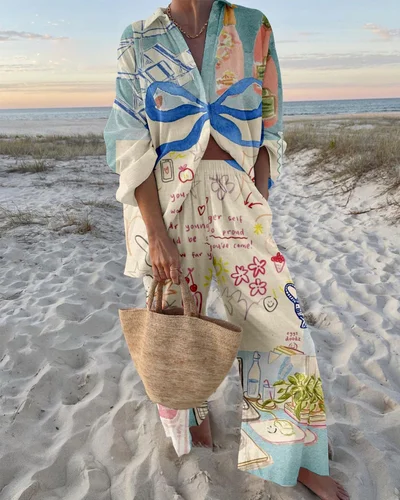 Conjunto de 2 piezas con estampado holgado para mujer, cárdigan con botones, blusas, pantalones de pierna ancha, traje informal de dos piezas para vacaciones en la playa