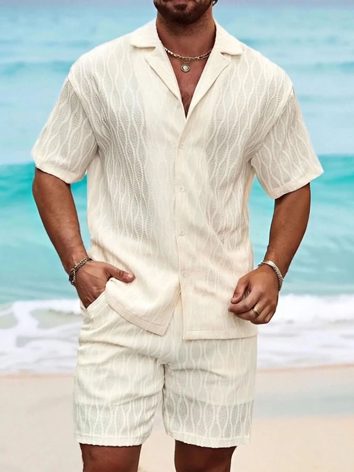 

2025 New Summer Men's Casual Daily Outdoor Travel Solid Jacquard Lapel Short-sleeved Shirt Drawstring Shorts Two-piece Set