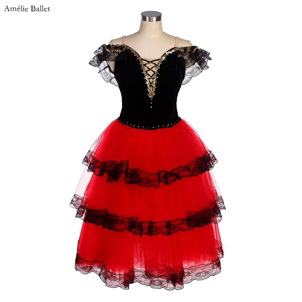 B22507 Customized Off Shoulder Spanish Dress Black Velvet with Red Romantic Ballet Tutu Skirt Women & Girls Performance Costumes