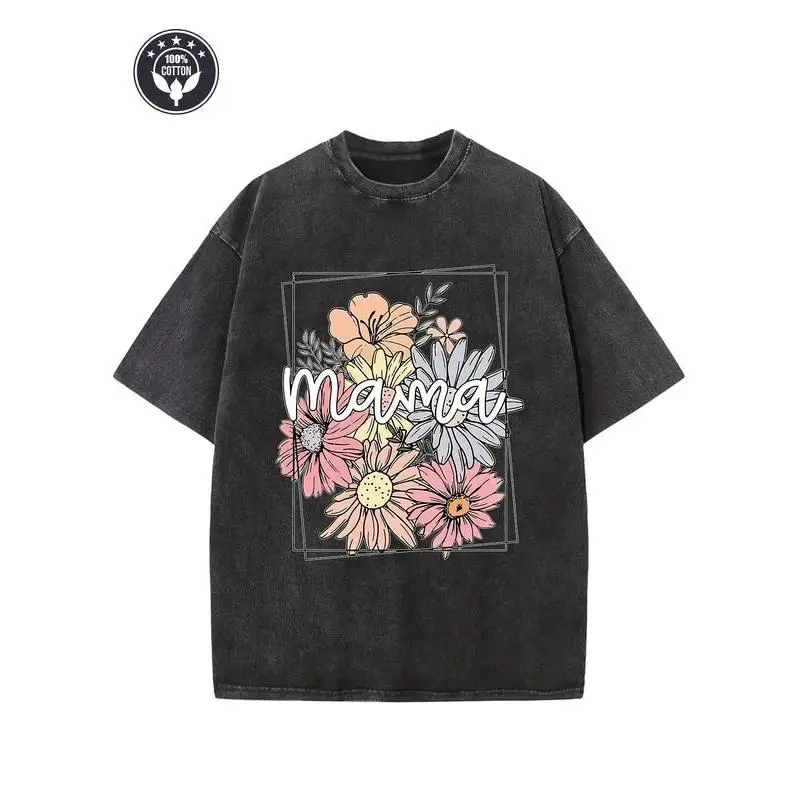 

Vintage Floral Mama T-Shirt for Women, Oversized Washed Mother's Day Gift, Cute Daisy Flower Graphic Tee for Mom