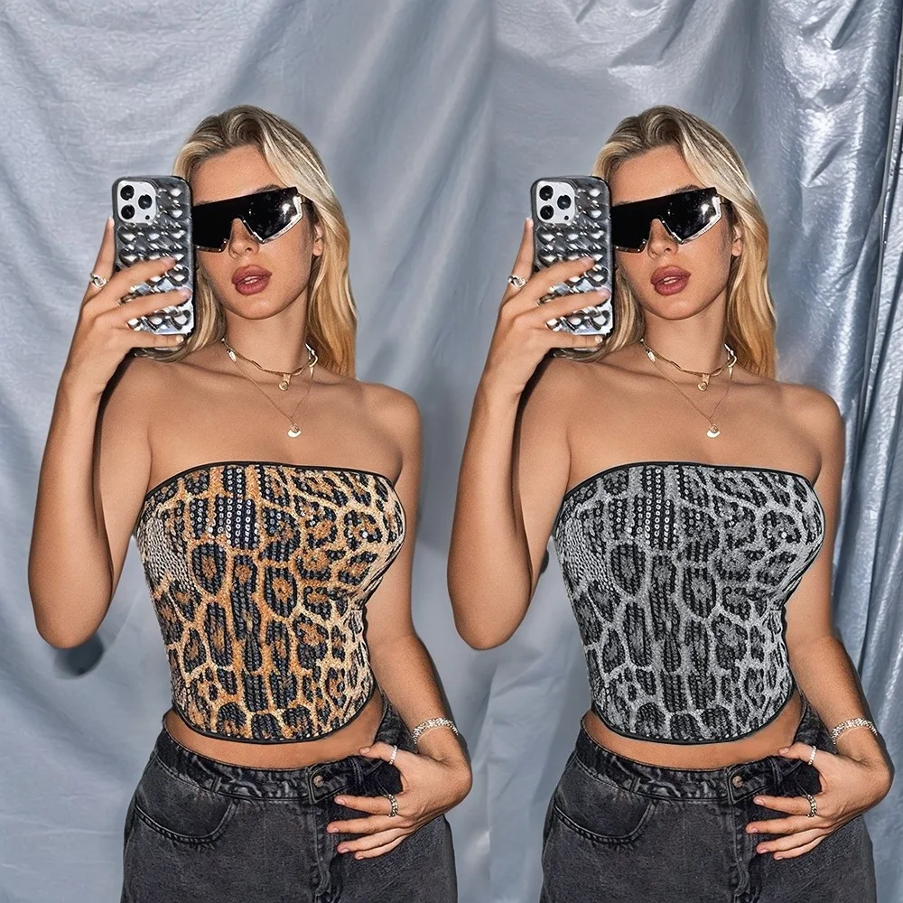 

Zy6020 New Style Personality Street Trend Leopard Print Tube Top Sequin Blouse Party Women's Clothing Dress Elegant Robe Luxury