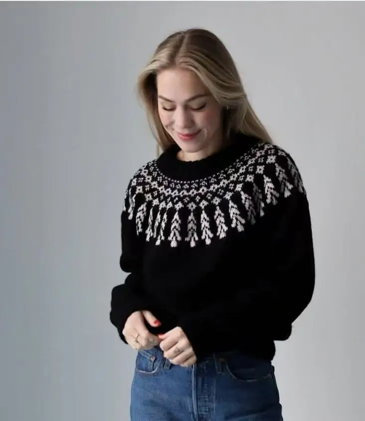 

Fair Island Craftsmanship Round Neck Long Sleeve Warm Classic Slimming Black Series mohair Hoodie Knitted Sweater Top Hand Knitt