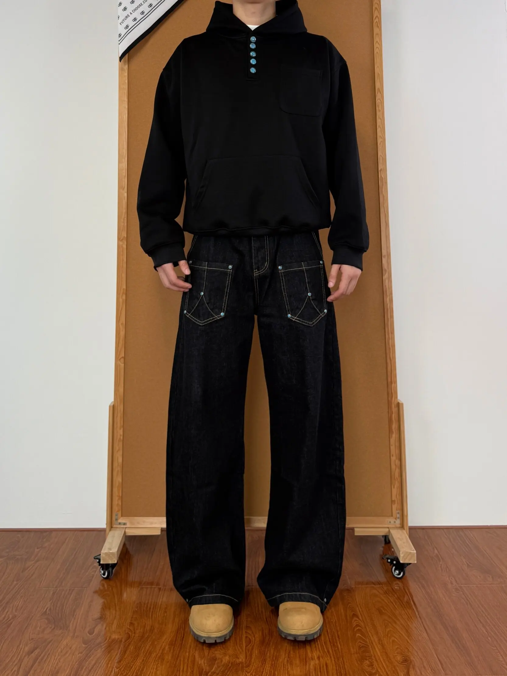 

Retro American High Street Denim Original Green Turquoise Knife Men's Jeans Straight Wide Leg Casual Long Trousers