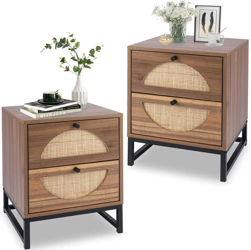 AWQM Rattan Nightstand Set of 2, Wood End Table Set of 2 Boho Night Stands with 2 Drawers,Bedside Table Sofa Side Table