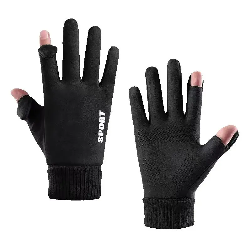 Men's winter gloves for cycling outdoor flip cover two finger touch screen windproof warm cold proof with flleece for driving