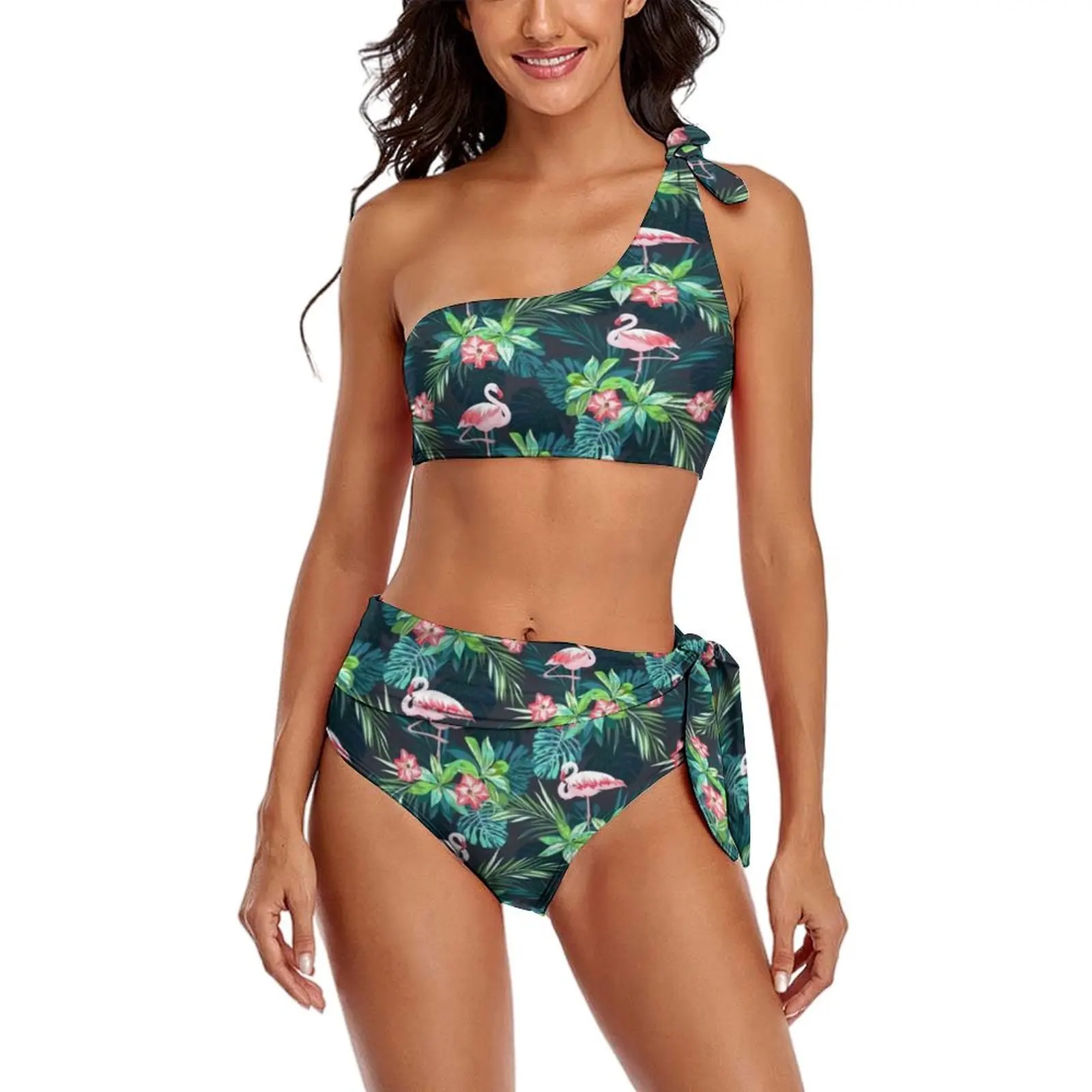 

Tropical Palm Leaves Design Bikini Swimsuit Bright Flamingos High Waisted Swimwear Sexy Custom Bikinis Set Women Push Up Biquini