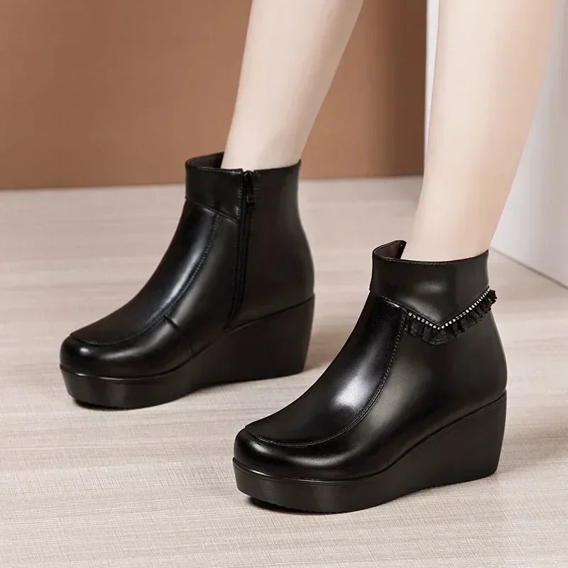 6cm Small Size 32-43 Comfortable Thick Bottom Platform Wedges Botas 2024 Winter Med Heels Leather  Snow Ankle Boots Office Mom