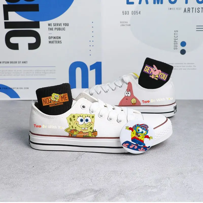 SpongeBob SquarePants white black Low Top Canvas For Men And Women Small White Summer Couple Breathable Board Shoes