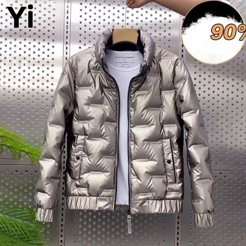

Men's Thiened Cotton Jaet Trendy Sli Bright Surface Warm Stand Collar Slim Fit Jaet Youth Windproof Outerwear