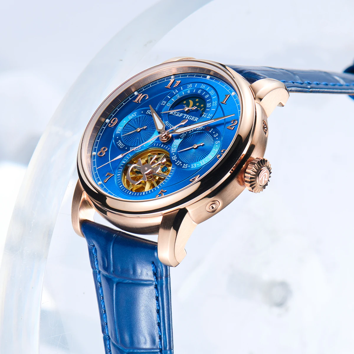 

Reef Tiger/RT модные автоматические часы с розовым золотом и синим циферблатом MoonPhase, синий кожаный ремешок, многофункциональные классические часы RGA1965