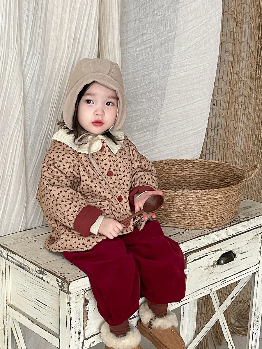 Girls Suit 2024 Winter New Childrens Wear Korean Style Baby Girl Floral Button Cotton Coat Corduroy Casual Pants Two-piece Set