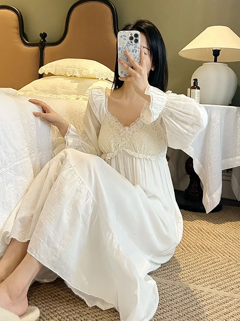 Women Pure Cotton Layer Gauze Lace Ruffles Vintage Night Gown Robe Long Dress Victorian Princess Sleepwear Nightdress Homewear