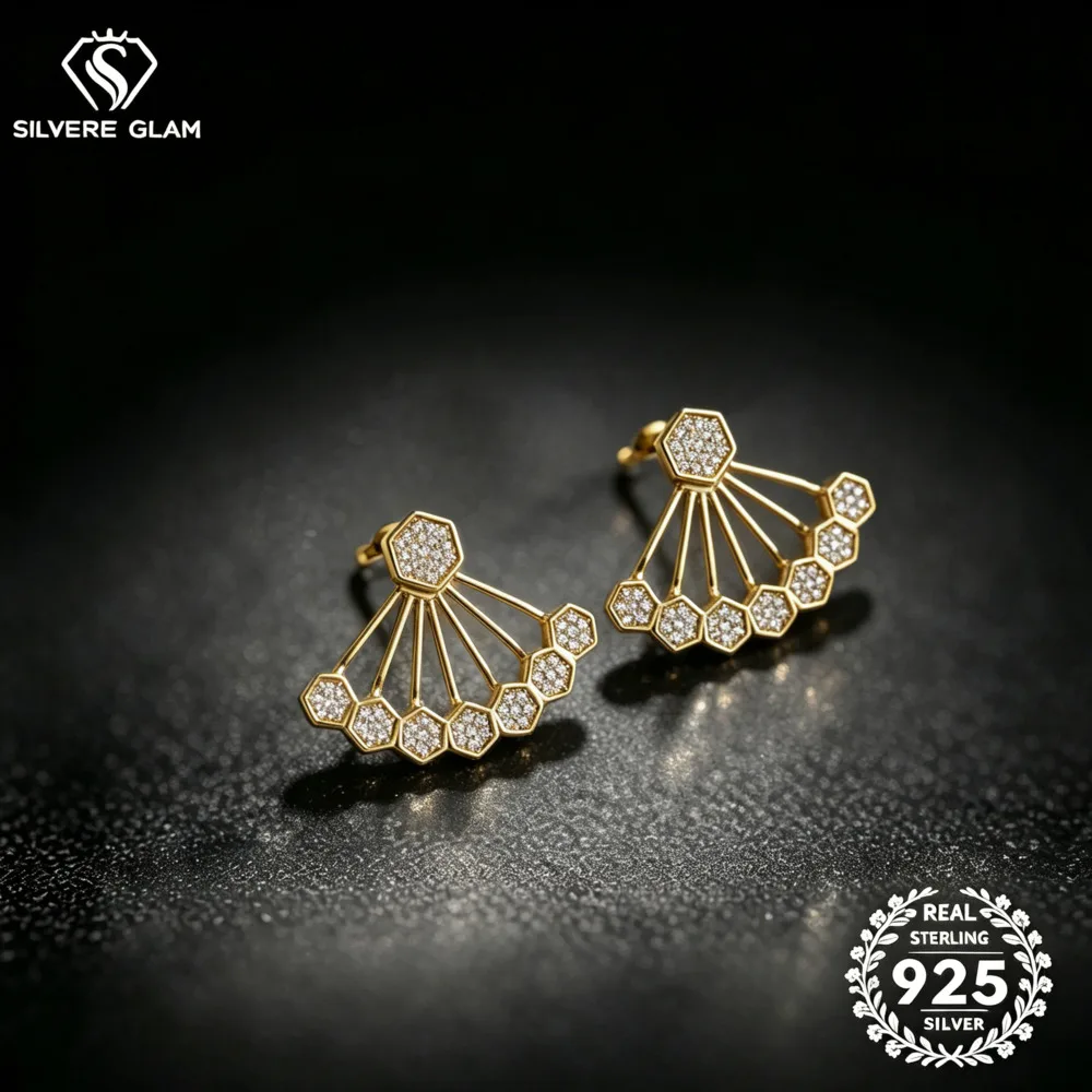 925 Sterling Silver Fan Shape Hexagon D VVS1 Moissanite Stud Earrings Geometric Scallop Vintage Women Wedding Fine Jewelry