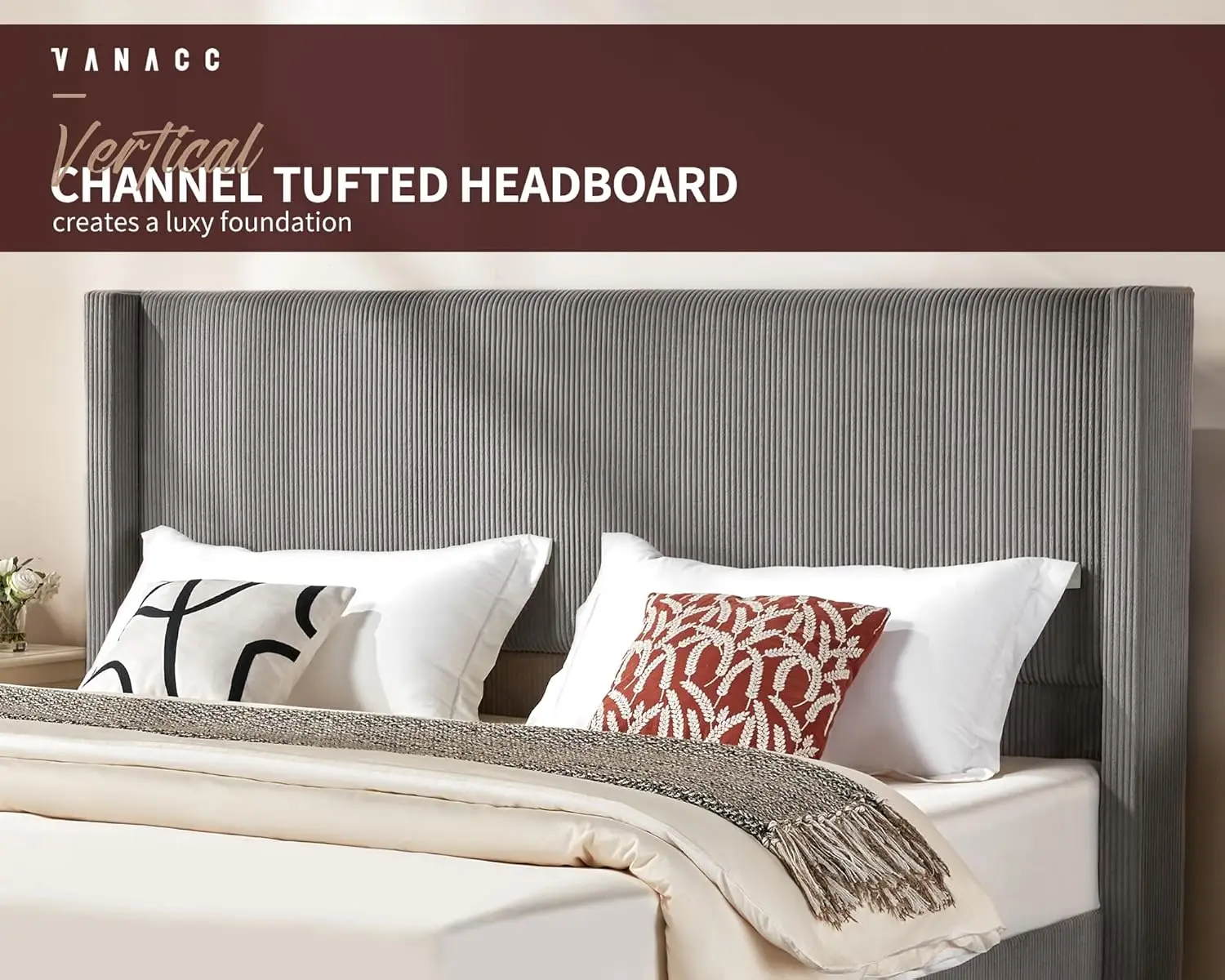 إطار سرير بمنصة بحجم كوين، سرير منجد من سروال قصير مقاس 50.8 بوصة مع لوح رأسي معنقدة بقناة عمودية/شرائح خشبية/ظهر مجنح/بدون بو #5