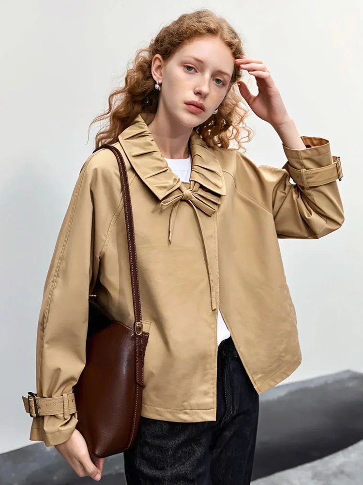 

Пальто ZhuoZhi French Sle свободного кроя с воротником-бантом, ветрозащитное, с длинными рукавами, женская верхняя одежда для зимы 2025 года, длина до плеч