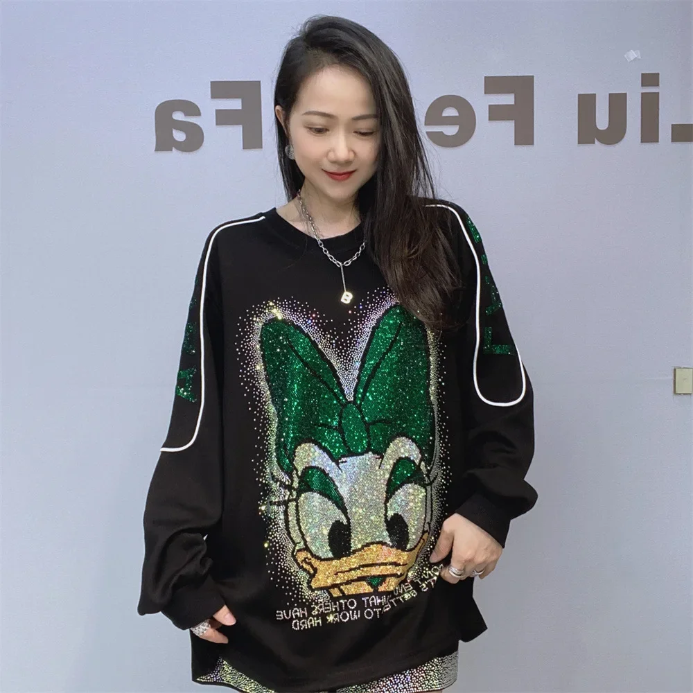 Fashion Autumn and Winter Round Neck Loose Cartoon Hoodies Women 2024 New Space Cotton Hot Diamond Oversize Sweatshirt Top