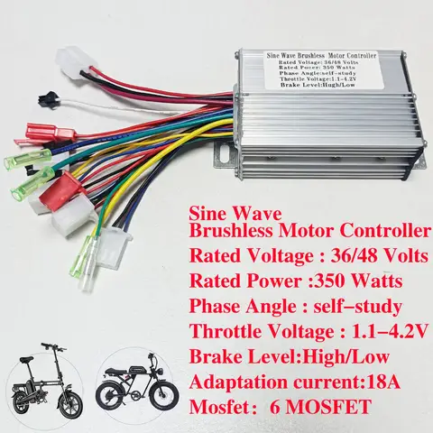 전자 자전거 브러시리스 모터 컨트롤러 전력 보조 자전거 스쿠터 용 사인파 3 모드 36V/48V 350W 18A 6MOSFET