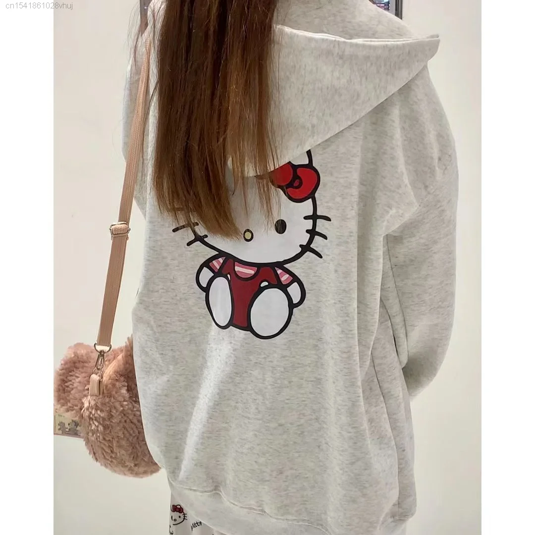 Sanrio Hello Kitty Cute Print Hooded Zip Up Hoodie Female Cardigan Cute 2000s Fashion Zipper Jacket Harajuku Grunge Sweatshirt