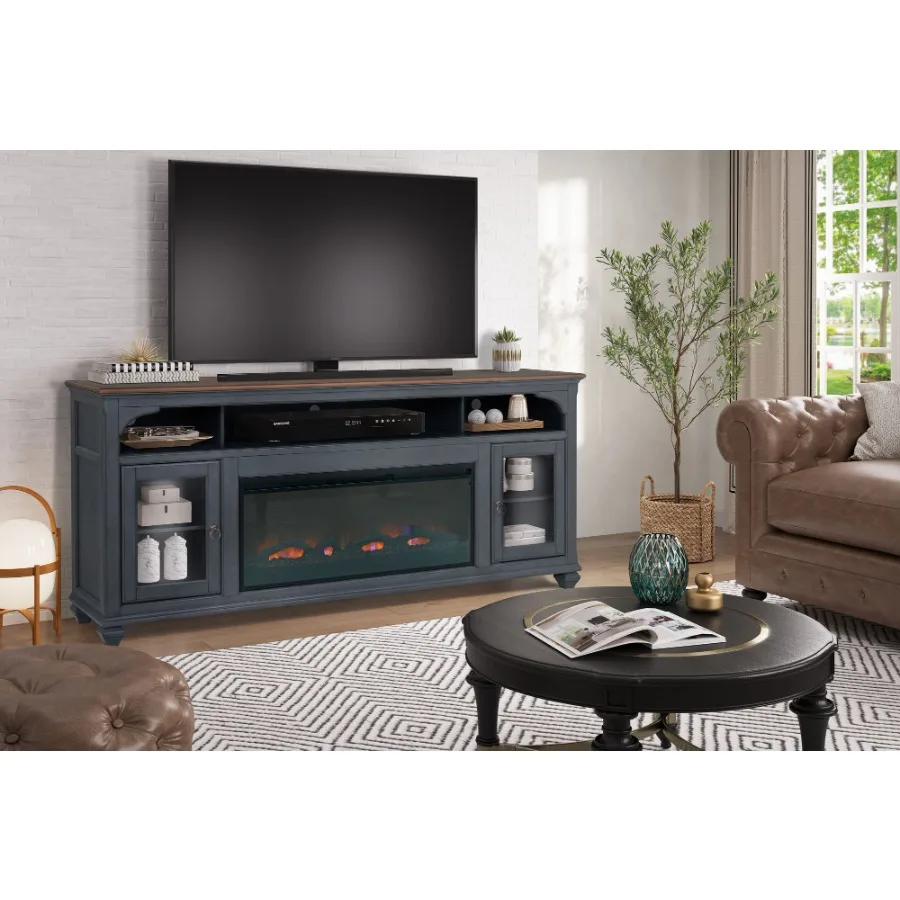 Bridgevine Home Americana 86 in Fireplace TV Stand for TVs up to 95 inches Corduroy Blue Finish