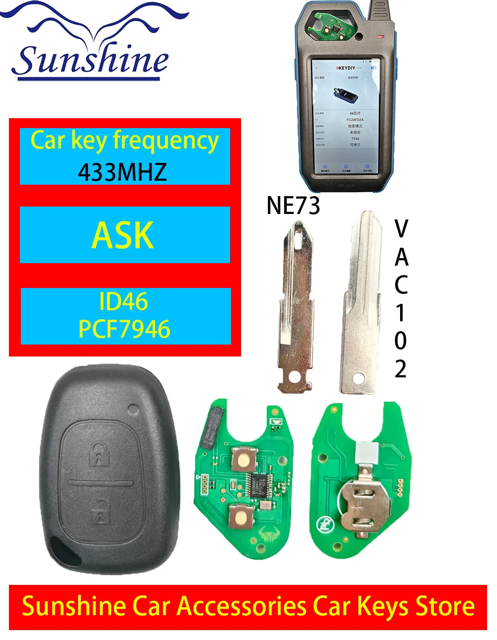 

Sunshine For Renault Duster Modus Clio 3 Twingo For DACIA Logan Sandero Kangoo 2BTN Remote Key PCF7946 433MHz 46CHIP