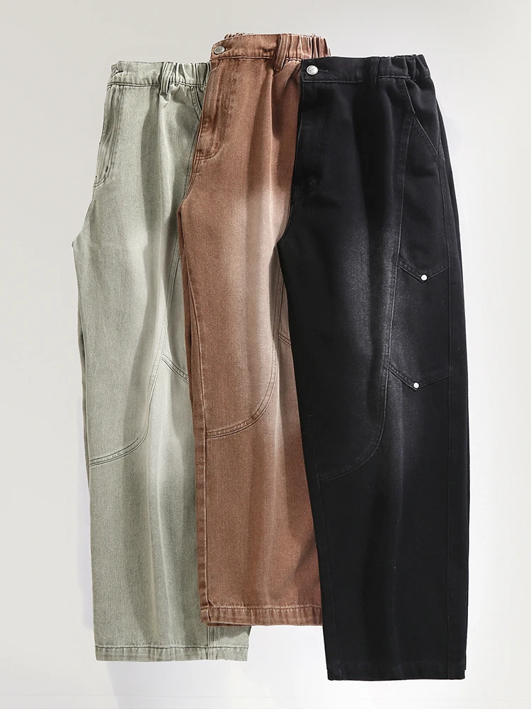 بنطال جينز مستقيم واسع الساق للرجال على الموضة الكورية بخصر مطاطي مغسول من قماش الدنيم جينز فضفاض غير رسمي للشارع #2