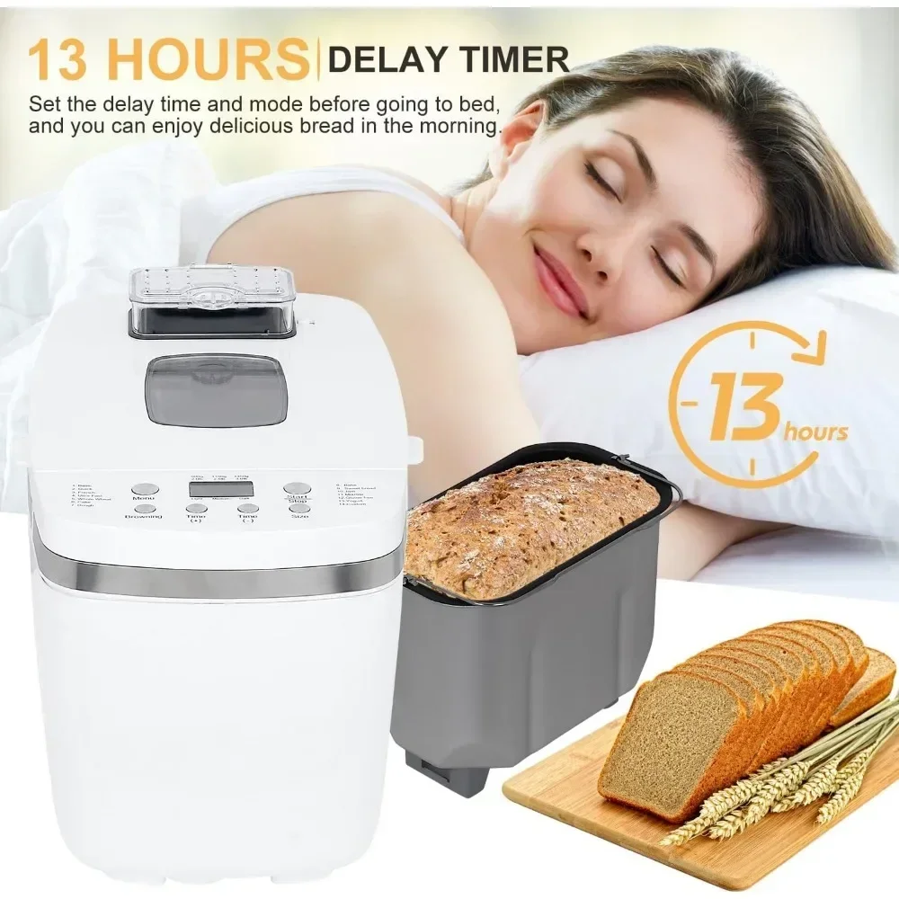 Bread Maker Machine, with Fruit & Nut Dispenser 14-in-1 Breadmaker Dual Paddle Programmable 3 Crust Colors, White
