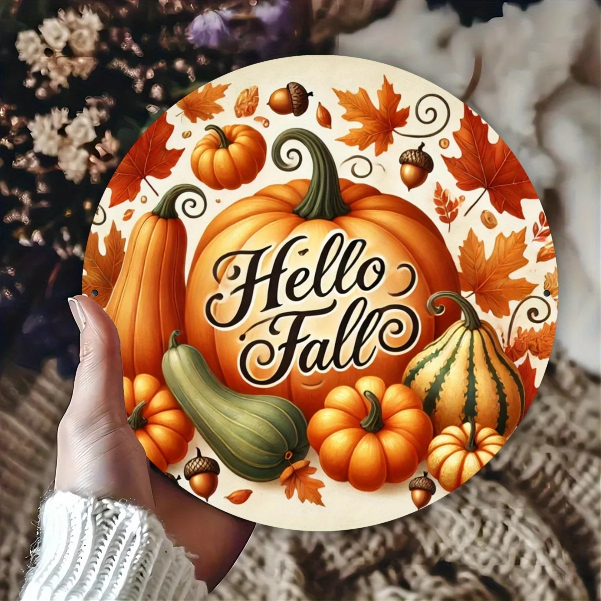 2D Flat Printing 1pc Autumn Greeting Round Wooden Sign, Thanksgiving Pumpkin Design, Novel Hippie Garden Decor, Retro Plaque, Su