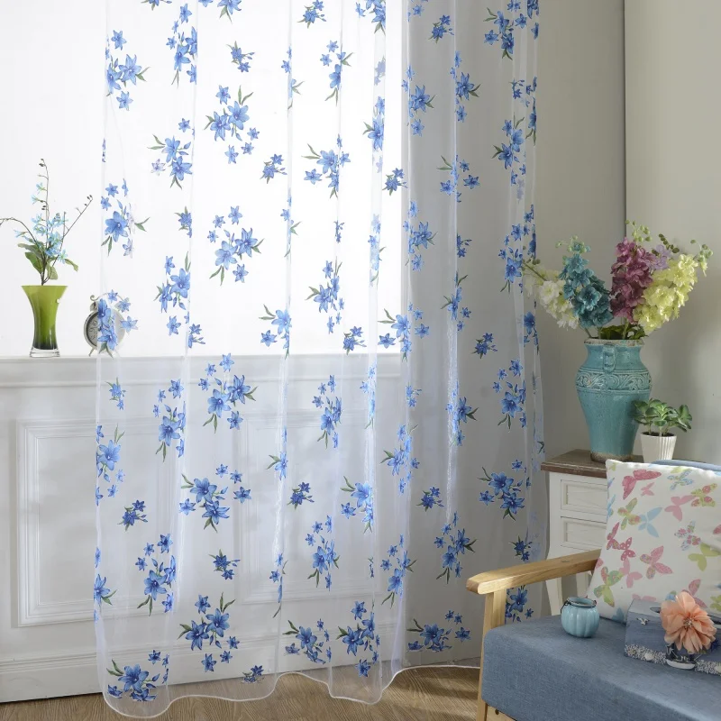 New Tulle Curtain Blue Flower Print Window Curtain Living Room Bedroom Decorations Floor-to-ceiling Curtain Thin Transparent Dra