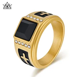 Rhinestone Cross Gem Titanium Steel Ring Men's Personalized Retro Zircon Seal Hand Jewelry Rings